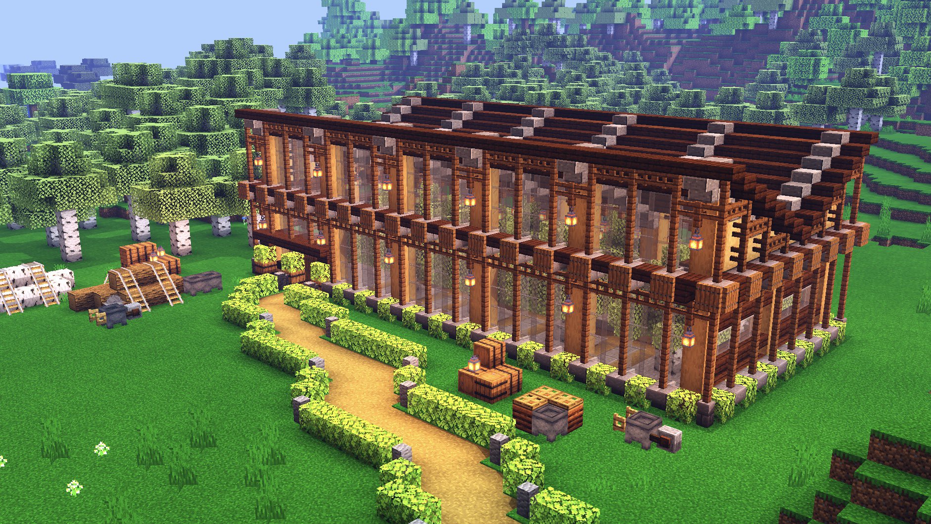 こぐまぷろ Kogumapro 植林場作ってみました Y字の梁が結構好きなんですよね あと格子 一応高さ制限を設けて 大木にならないようにしています まぁサバイバルやる時は効率を考えてしまって野原に作るんですけどね マイクラ Minecraft