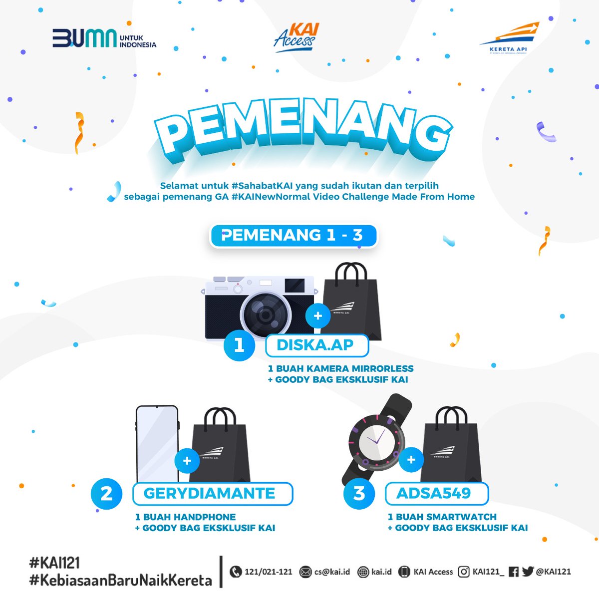 KAI121's tweet photo. Selamat kepada para pemenang giveaway video challenge Made From Home #KAINewNormal

Jaga kesehatan, selalu semangat dengan segala ide dan kreatifitasmu di masa Adaptasi Kebiasaan Baru.

Untuk #SahabatKAI lainnya yang udah ikutan berpartisipasi, Railmin ucapkan terima kasih. https://t.co/hWS4Oq0j97