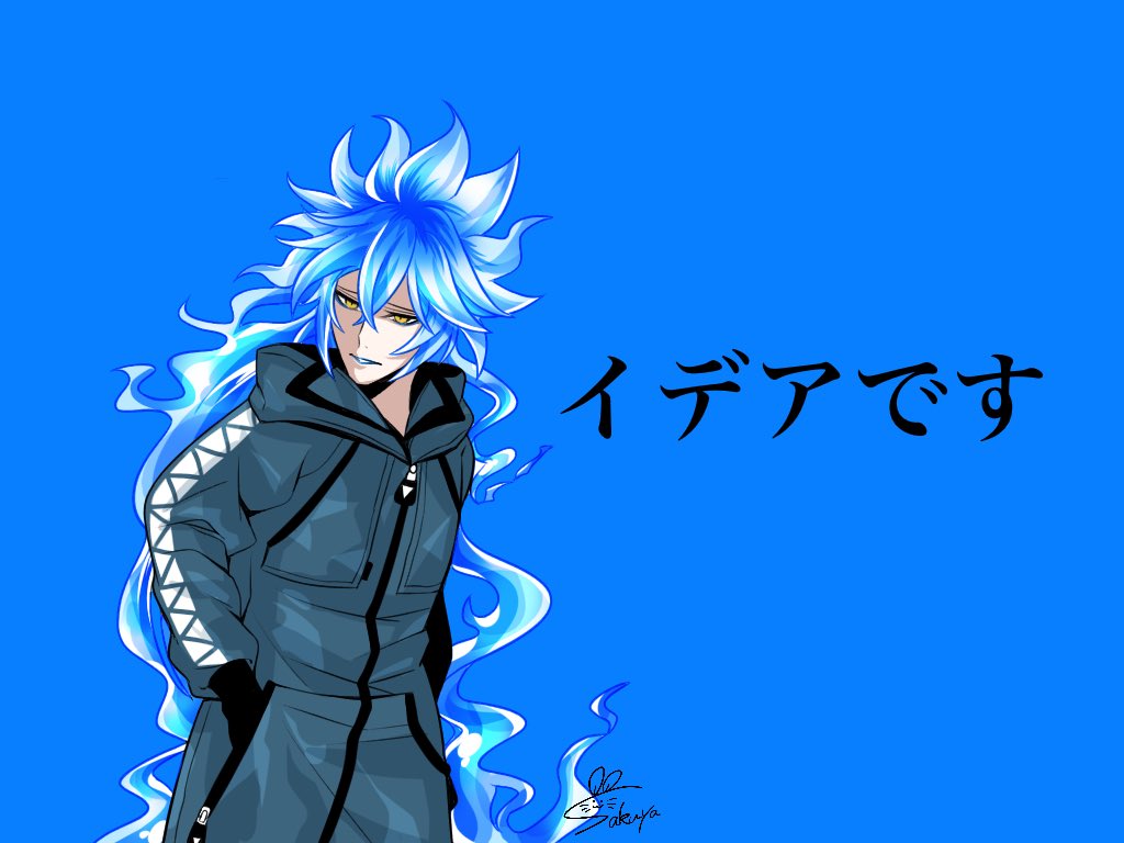 1boy male focus long hair solo blue hair yellow eyes fiery hair  illustration images