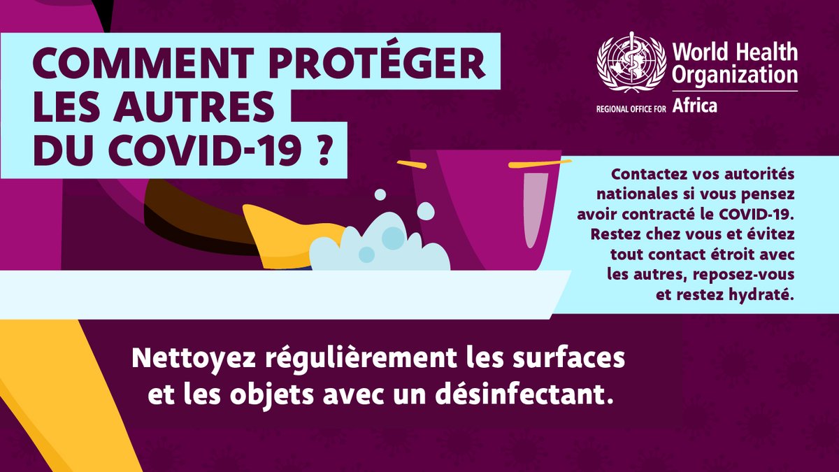OMS_Afrique's tweet photo. Protégez votre entourage du virus de #COVID19 en gardant votre environnement propre. 🧽 https://t.co/eDWYJJGbVA