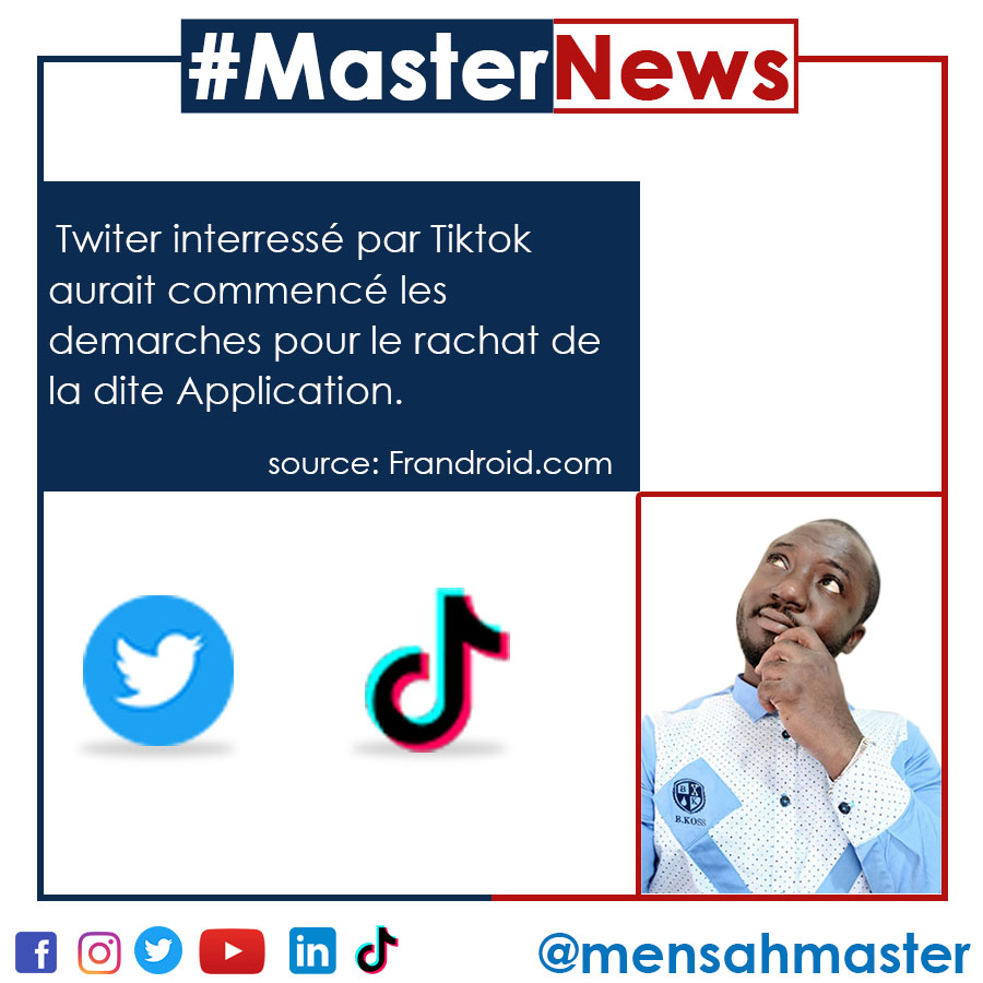 mensahmaster's tweet photo. #MasterNews
Apres Microsoft, c'est au tour de #twitter d'entamer les démarches pour le rachat de la plateforme social Tiktok.
Source: https://t.co/J6Er9i0uAF
https://t.co/FkRoP7Mt1a
#MensahMaster, dans un monde digital!
https://t.co/IlRyr1OWYO https://t.co/29DVNIhaZ5