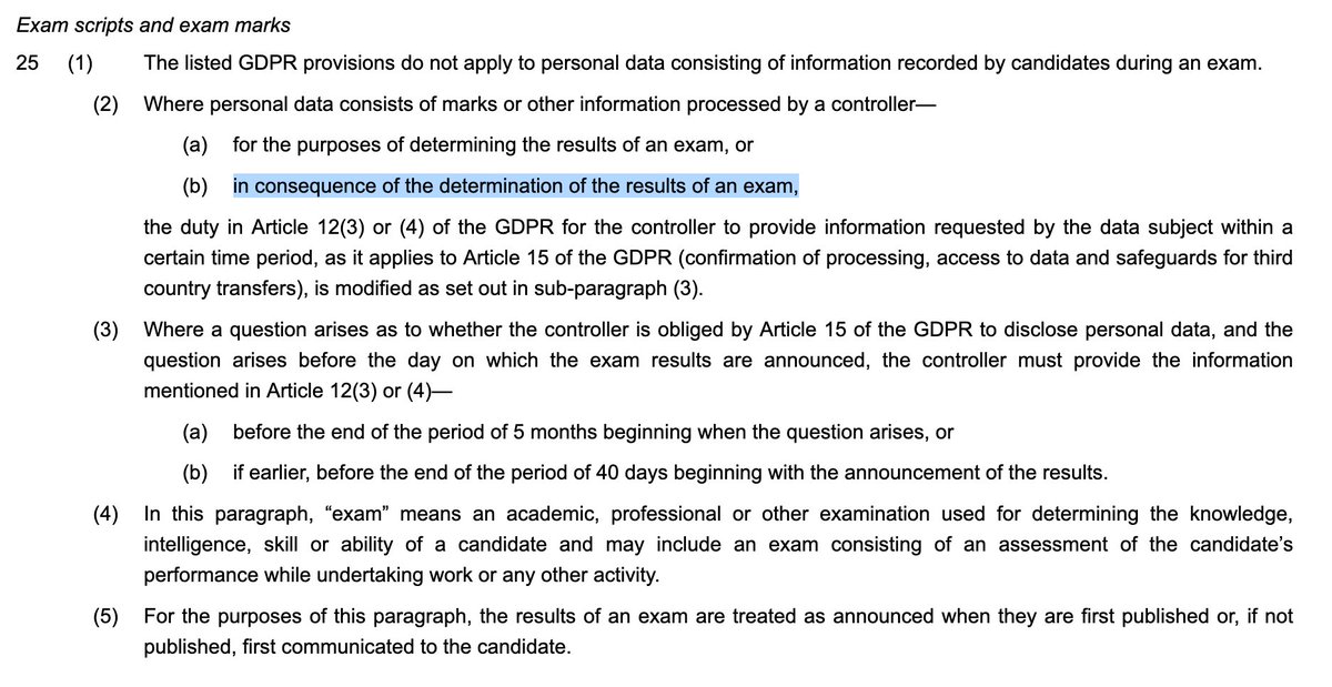 There is a relevant exemption/delay provision in the Data Protection Act 2018 sch 2 para 25 for exam scripts, but this only pushes the deadline to a minimum of 22 September 2020. The ICO has confirmed this.  https://ico.org.uk/global/data-protection-and-coronavirus-information-hub/exam-script-exemption/