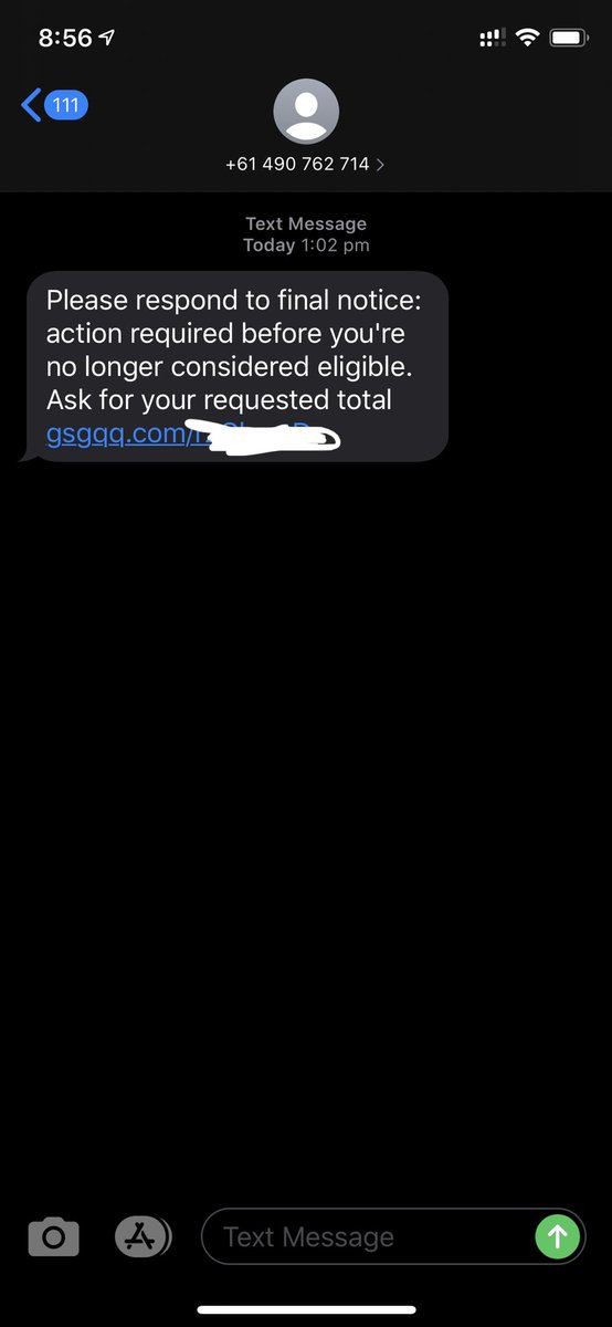 Acsm960's tweet photo. Poor effort phish. 2/10
What I liked:
- ‘final notice’ is scary 

What I disliked: 
- random url 
- weird sentence structure
- too ambiguous
- ask for my total? Wtf?

Research more realistic scenarios and try again. https://t.co/r4siQxpuZi