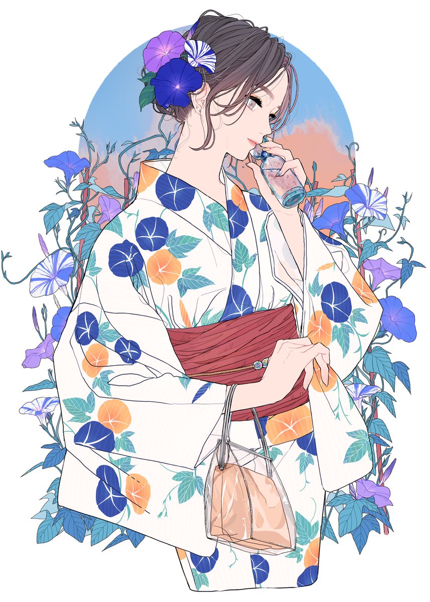 1girl kimono japanese clothes solo flower blue flower hair flower  illustration images