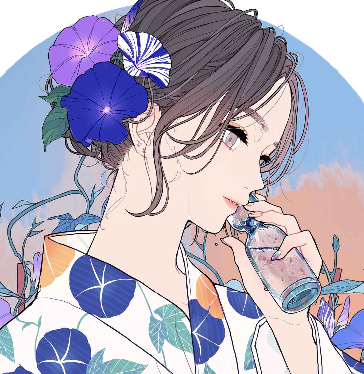 1girl kimono japanese clothes solo flower blue flower hair flower  illustration images