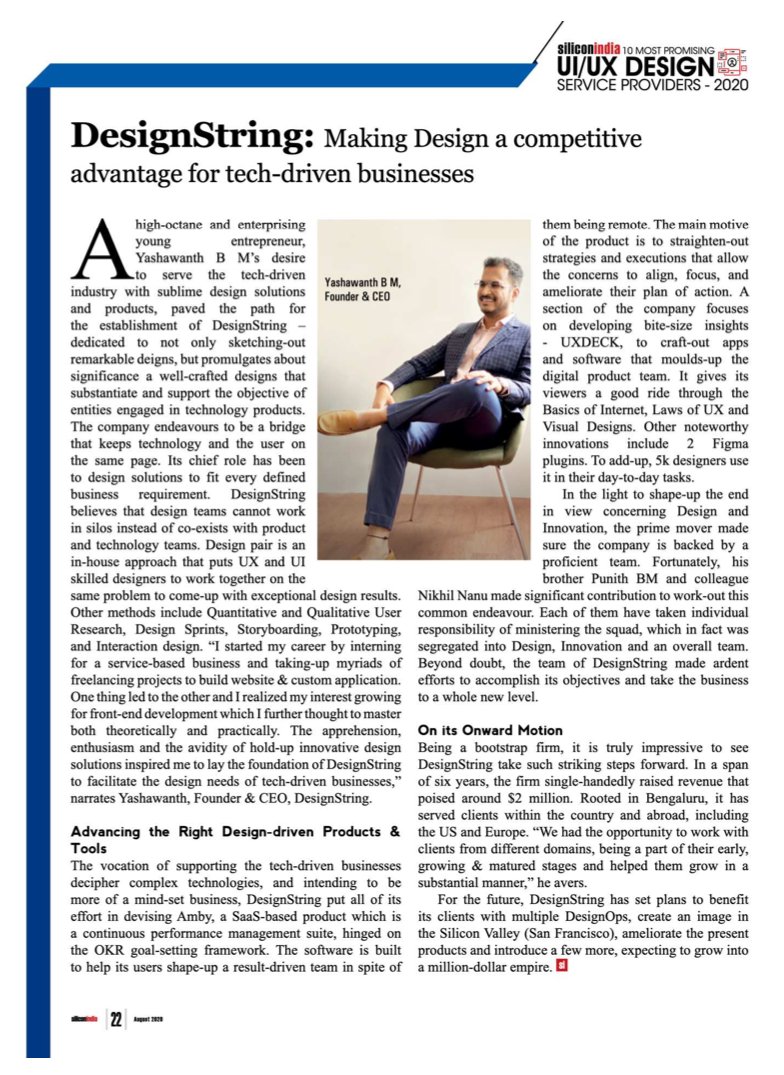 design_string's tweet image. @design_string has been listed under Top 10 Most Promising UI/UX Design Service Providers - 2020 by @SINewsUpdates @SiliconindiaT Read the story below