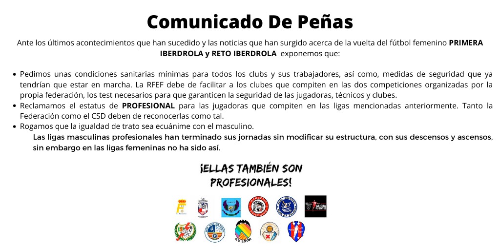 RayistasCat's tweet photo. 🚨COMUNICADO DE PEÑAS🚨
Distintas Peñas seguidoras del *fútbol femenino* nos hemos unido para que  escuchen también las voces de quienes seguimos y nos sentimos parte de este deporte. 
 #EllasTambienSonProfesionales https://t.co/5manbZ0FBX