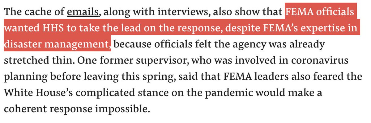 In January, February, and early March FEMA was serving as a support to HHS. HHS is SUPPOSED to be the lead agency during public health emergencies. They were following the plan.