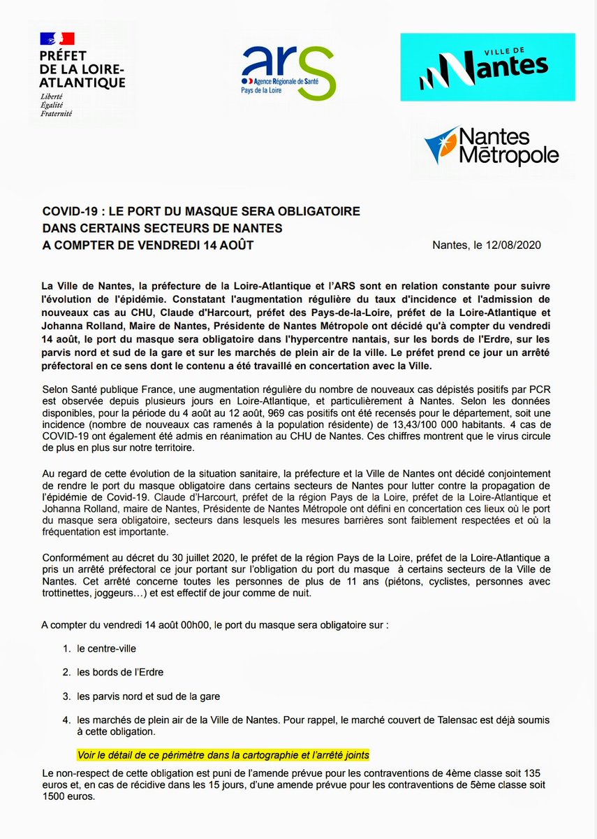 Johanna_Rolland's tweet photo. En accord avec la Ville de Nantes le @Prefet44 a décidé de rendre obligatoire le port du #masque sur l'espace public : dans le centre ville, sur les parvis nord et sud de la Gare, les bords de l'Erdre depuis 50 Otages jusqu'à Motte Rouge et sur l'ensemble des marchés de plein air https://t.co/8BjU4U7Sxg