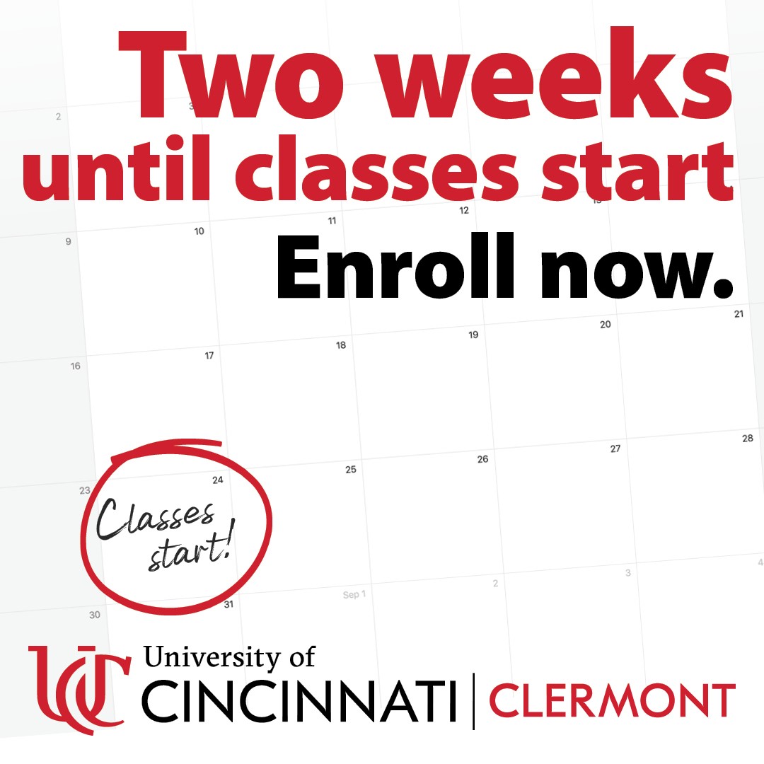 ucclermont's tweet photo. Fall classes start in less than TWO WEEKS! Are you registered? 

Find your advisor: https://t.co/TMCbsL6eZW

And register now: https://t.co/lNMhBZpQxX https://t.co/A0nCuU8f3D