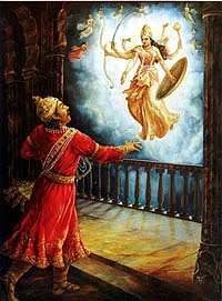 Yasoda and Nanda, who was then taken by Yasudeva back to prison as his own child.Kamsa, then proceeds to kill this child, (though as goddess of illusions, she was able to get out of this), and was convinced that he had circumvented the prophesy.
