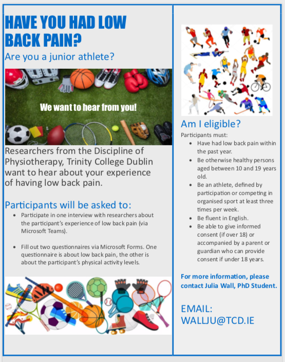 Are you a junior athlete who has had back pain? Would you be happy to tell us about your experience? Get in touch (through your parent/guardian). Exciting new qualitative study with our collaborators a @MicheliCenter in Boston 🇮🇪🇺🇸 Please share coaches and medical providers