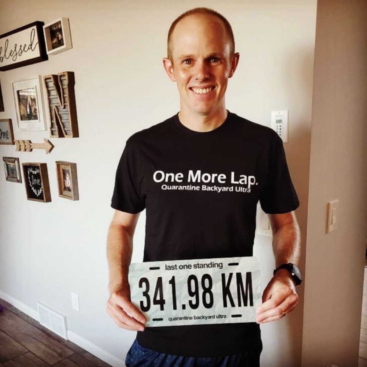 RunThisTownYEG's tweet photo. We’re thrilled to see so many QBU shirt photos popping up on our social feeds. 

The winner of the July edition of @theQuarantineBU, Jon Noll proudly wearing his #OneMoreLap shirt with the official license plate displaying his total race mileage. Unbelievable https://t.co/KJtkdjwKjb