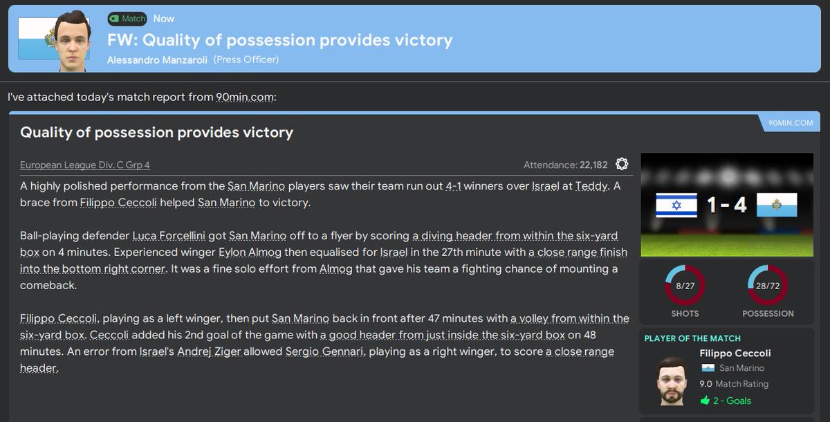 A huge result in Israel followed up by a demolition of Latvia means that San Marino secure promotion to Divison B of the Nations League with 2 games to spare. A pretty flawless campaign so far and we will be hoping to finish in style next month...  #FM20