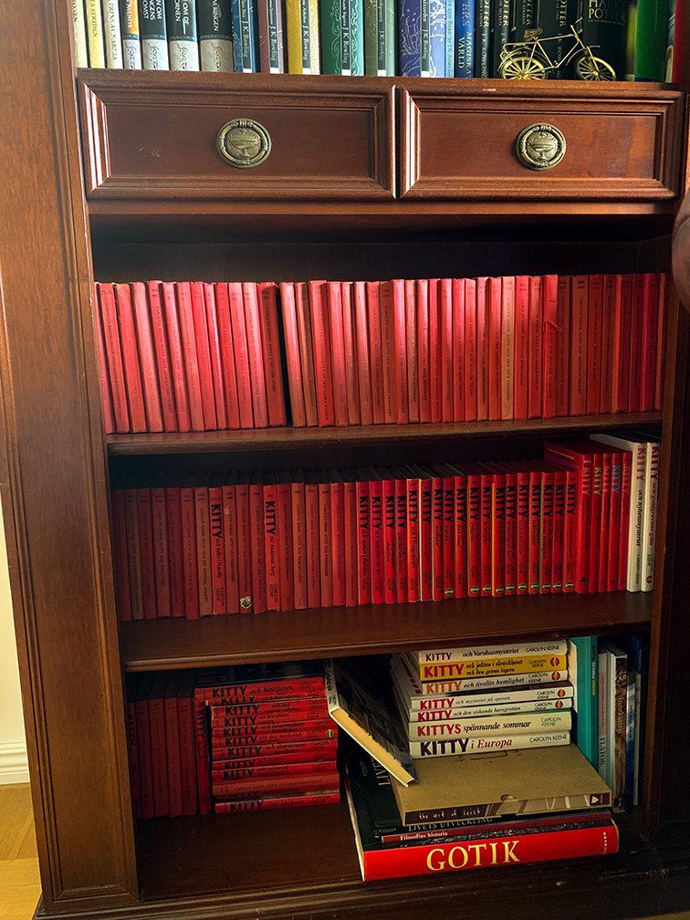 RavenmoreManor's tweet photo. Following the theme of our last post we wanted to share some more reading material! Our graphic artist started this collection of #NancyDrewBooks in 2019 and now has 112 out of the 206 swedish #NancyDrew Mystery Stories😍(Nancy is called Kitty in Sweden)🕵️‍♀️
#Reading #Bookworm https://t.co/HVPtQrd0ai