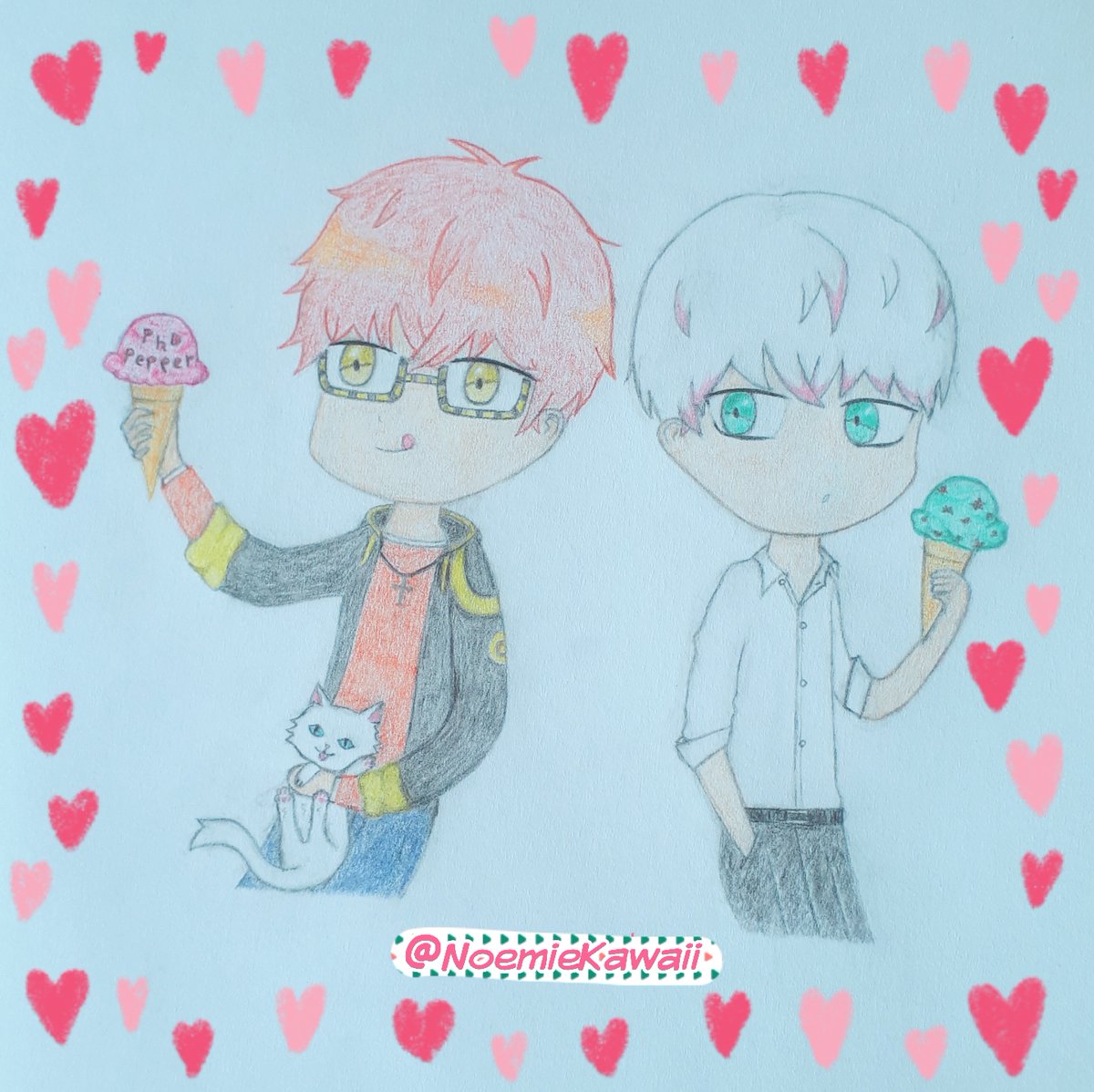 NoemieKawaii's tweet photo. My favorite characters enjoying ice cream (PhD Pepper-flavored for Saeyoung and mint chocolate chip for Saeran) with Elly🐱~ ❤️💙 #MM_myartwork #mysticmessenger #mysticmessengerdrawing #707 #saeyoung #saeran #elizabeth3rd https://t.co/3yooeBm56h