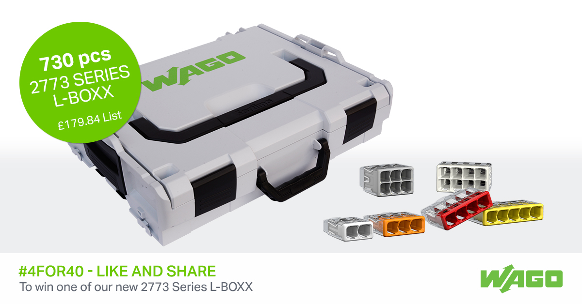 We have one of our BRAND NEW 2773 Series L-BOXX's to #give-a-way! Includes 730 pcs of our 2773 Series connectors, suitable for 4mm² / 32A (solid &amp; 7-st).

Winner will be picked at random &amp; announced on the 21st Aug 2020. 

T&amp;C's apply ow.ly/IChl50AXohA

#4FOR40 #wago