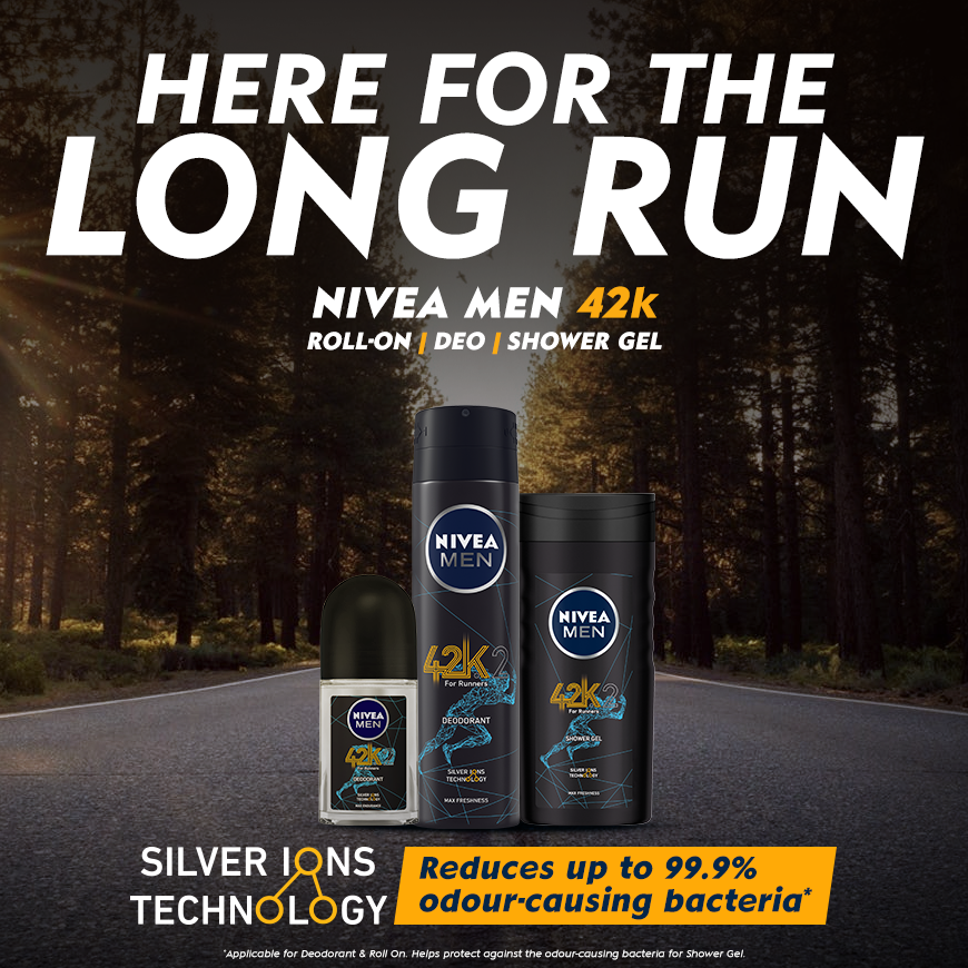 Wear sweat like a battle scar without letting body odour hurt your confidence. Presenting, NIVEA MEN 42k, an odour-control range made with Silver Ions Technology that reduces odour-causing bacteria by 99.9%. Like you, we’re #HereForTheLongRun. 

Shop now: bit.ly/NIVEAMEN42KFB