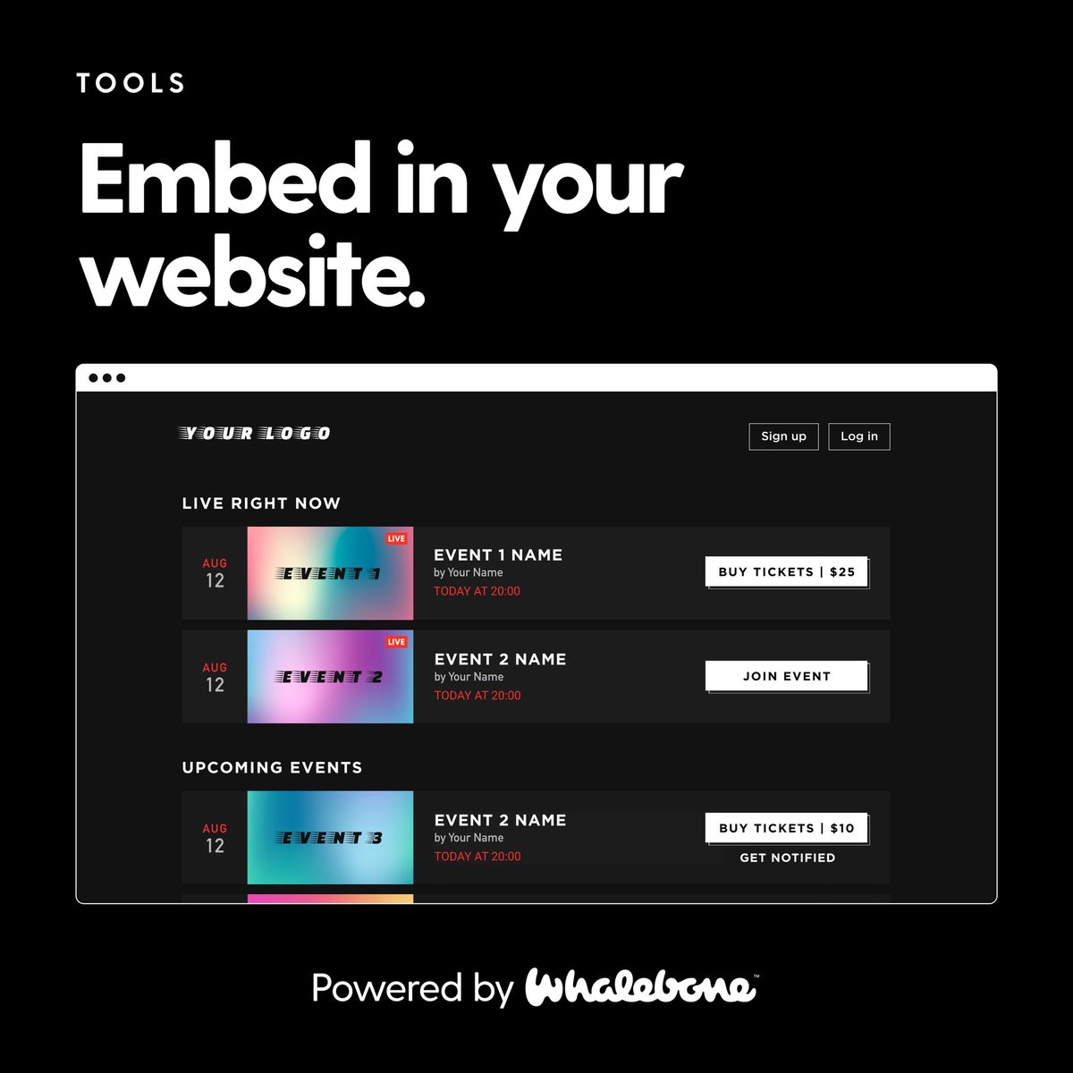 Embed your own streamsite in your website and create unmissable virtual experiences. #PoweredByWhalebone