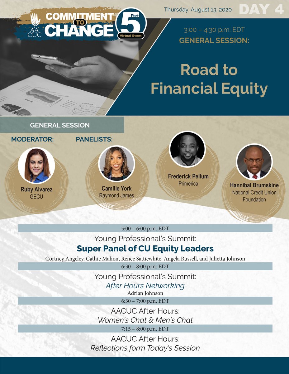 We are on Day 3 of #CommitmentToChange ! Tomorrow we have  another fantastic line-up! In our General Session we will discuss the Road to Financial Equity. #CreditUnions #AACUC #DEI #Diversity #Equity #Inclusion  aacuc.org