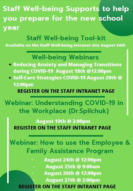 Getting ready for the new school year? The Staff Well-being program is here to support you through building your well-being toolbox. Join us for some of our events visit the intranet page: pdsb1.sharepoint.com/LDSS/StaffWell…