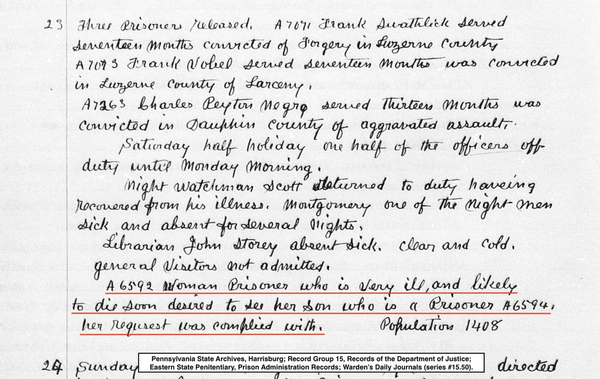 4/14 While the Bruins shared a cell, not all families lived together. Male and female relatives lived in separate cellblocks and likely had minimal contact. In 1895, Matilda Jackson (A-6592) asked to see her son, Andrew Jackson (A-6594). The warden granted the visit.  #HiddenESP