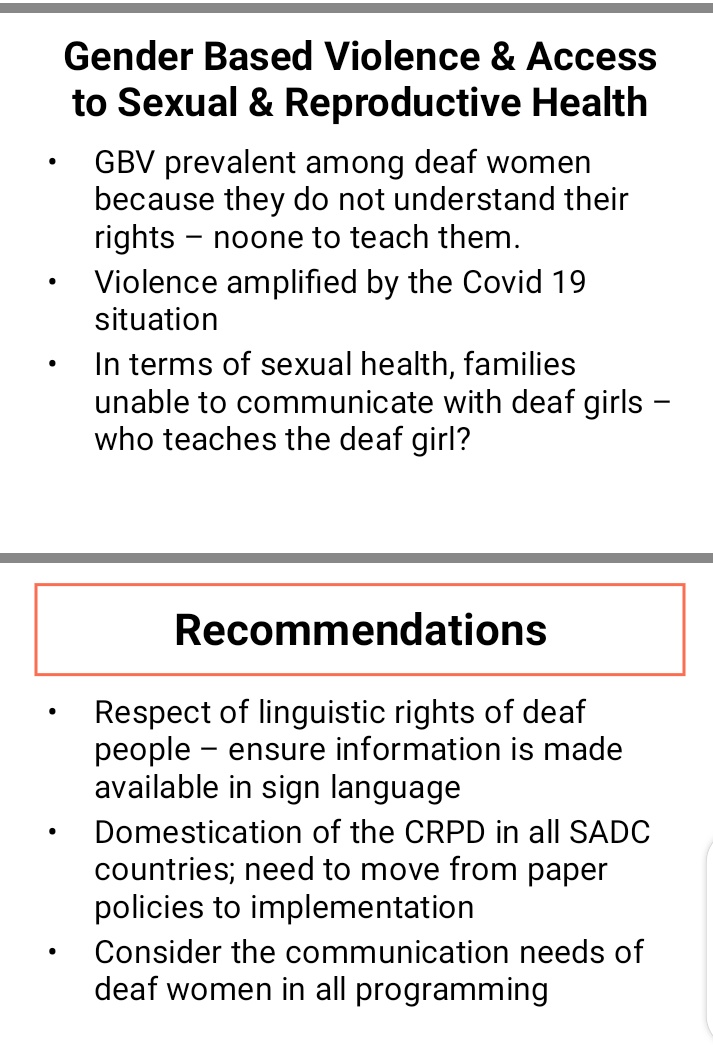 <a href="/AgnessChindimba/">Agness Chindimba</a> focused on "Experiences of Deaf Women in the SADC" she included barriers especially in this #COVID19 situation and recommendations #SADCYouthForum @SAYoF_SADC <a href="/chiedzachagutah/">Chiedza</a> <a href="/RonaldMagomo_/">🌏#PeaceIsPossible✌#IDWP</a> <a href="/woman_kind/">Womankind Worldwide</a> <a href="/WomenEnabled/">Women Enabled International</a> <a href="/womensvoicezw/">Women'svoicezw</a> <a href="/PadUp6/">Pad_Up</a> <a href="/IssuesPaneNyaya/">#PaneNyaya</a>