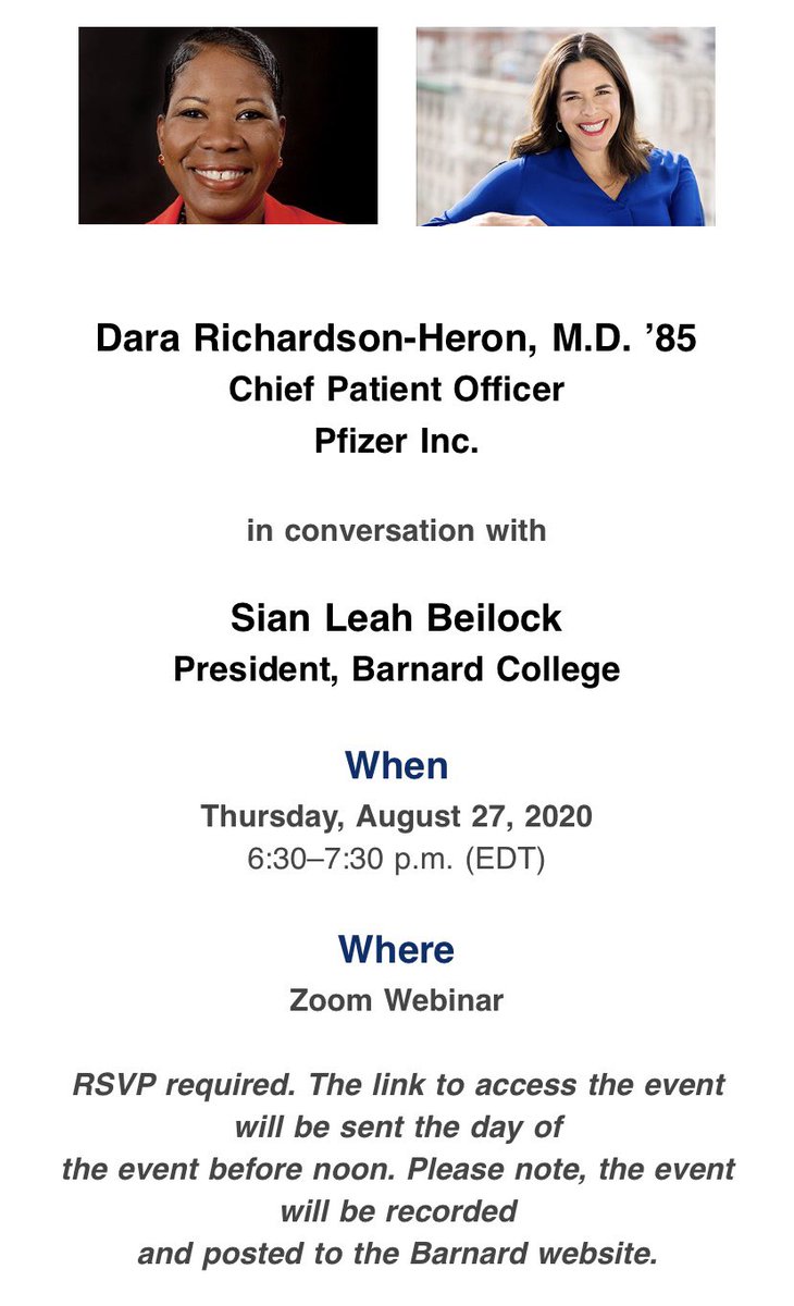 Barnard_1985's tweet photo. Dr. Dara Richardson-Heron '85 conversation with President @sianbeilock on August 27! Check your email for registration link 💙 https://t.co/340ItoVJ0Y