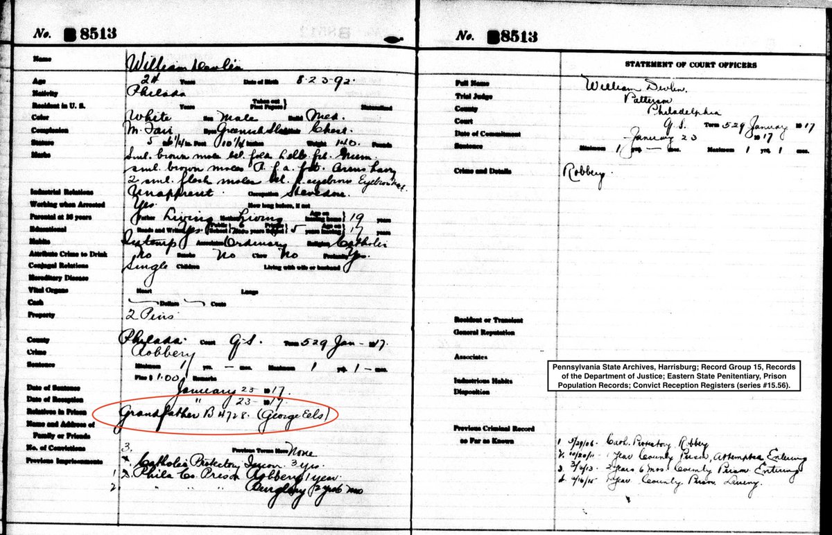 7/14 When 24-year-old William Devlin arrived at Eastern State in 1917, he joined his grandfather, George Eels. The elder relative, 62 years old, had been imprisoned at ESP since 1909, serving a life term for murder.  #HiddenESP
