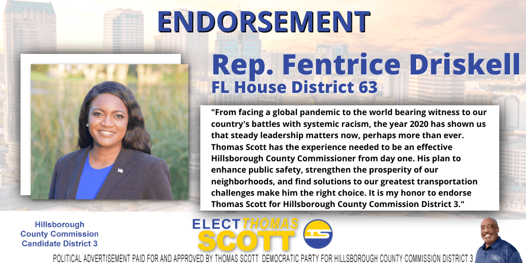 ElectTScott's tweet photo. It is appreciated to have received the endorsement of Rep. @FentriceForFL. Her endorsement of my candidacy is an acknowledgment of my ability to lead District 3. I am very pleased to have her as a supporter!

Send in you Vote by Mail Ballot as soon as possible! #ElectThomasScott https://t.co/MrXVTd0ThX