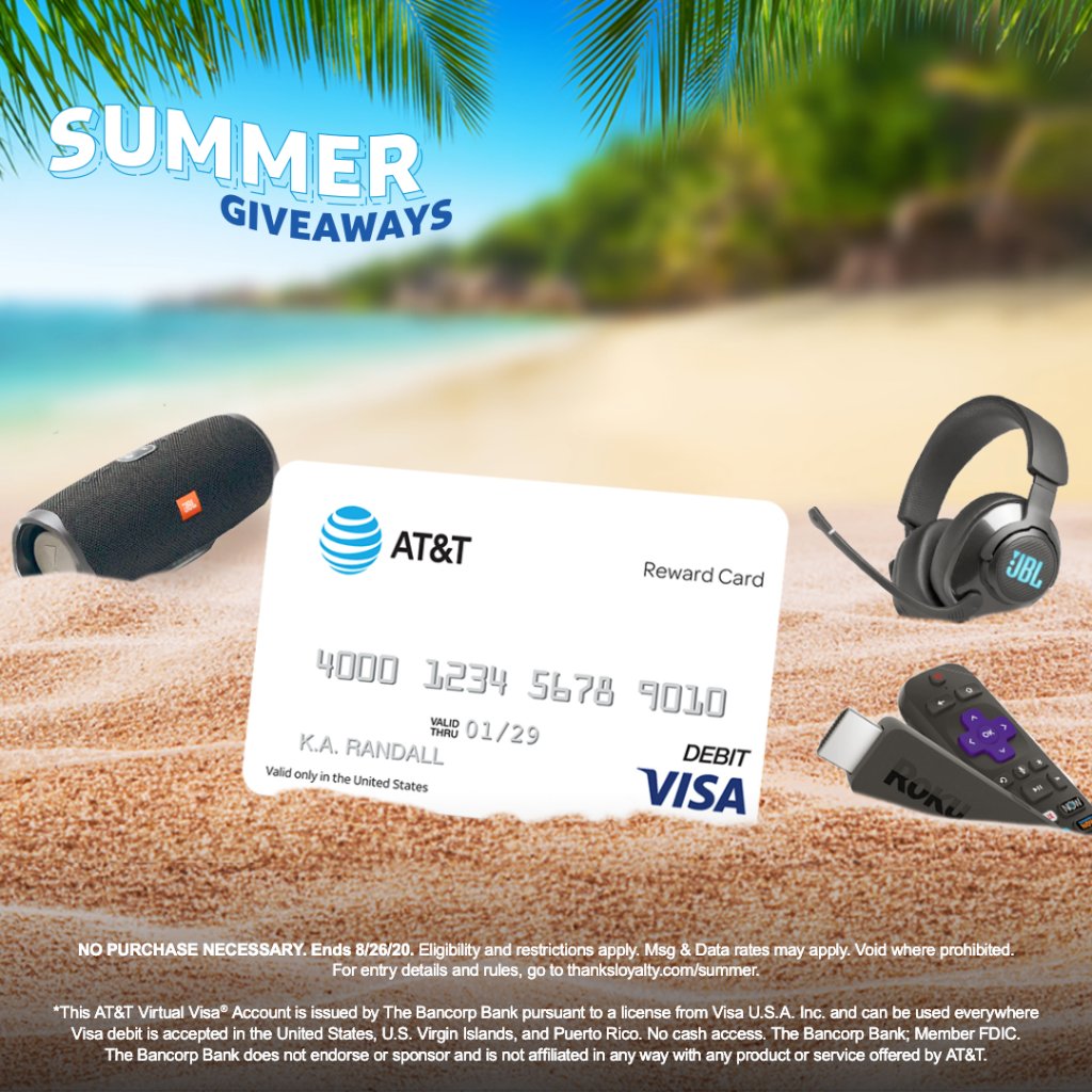 ATTTHANKS's tweet image. Here’s something to talk about on your next video call.
We are giving away five $200 AT&amp;amp;T Virtual Visa®
Accounts*. 🌞

Enter for your chance to win:
1️⃣ Follow @ATTTHANKS
2️⃣ Retweet this post
3️⃣ Include #SummerGiveaways #Sweepstakes #ATTTHANKS