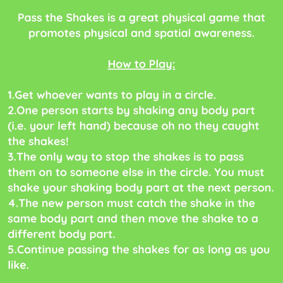ThreeFeathersT's tweet photo. Activity Idea 💡 
Pass the Shakes 
Pass the Shakes is a playful game that helps promotes physical and spatial awareness. Grab some friends and catch some shakes!
#childrenstheatre #activtiesforkids #dramagames #physicaltheatre #spatialawareness #familiesathome #kids #familytime https://t.co/JUZJtR9cy7