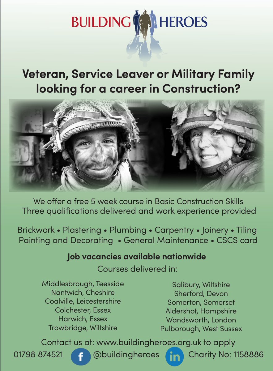 buildingheroes's tweet photo. Veteran or service leaver in the East Midlands area?! ✅

Join our FULLY FUNDED 5-week Construction Skills course at @stephensoncoll, Coalville starting 21st September.

Visit https://t.co/QfkECpJcsW to apply! 

#armedforces #military #constructioncourse #veteran  #eastmidlands https://t.co/9RYJTomYsw