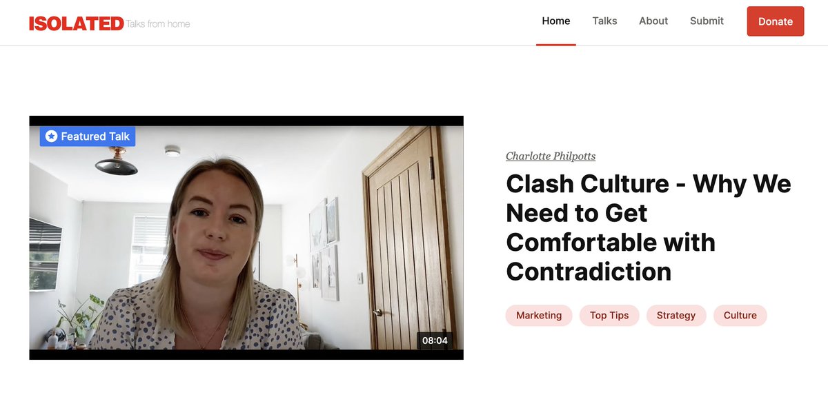 Super proud to have donated a talk to <a href="/IsolatedTalks/">ISOLATED Talks®</a>
  
If you want to hear me chat about why we need to get comfortable with contradiction check it out

And don't forget to donate to <a href="/samaritans/">Samaritans</a>

Thanks to <a href="/Giles_Edwards/">Giles Edwards also ➡️ @gilesedwards.bsky.social</a> for letting me be a part of it💚

isolatedtalks.com/talks/clash-cu…