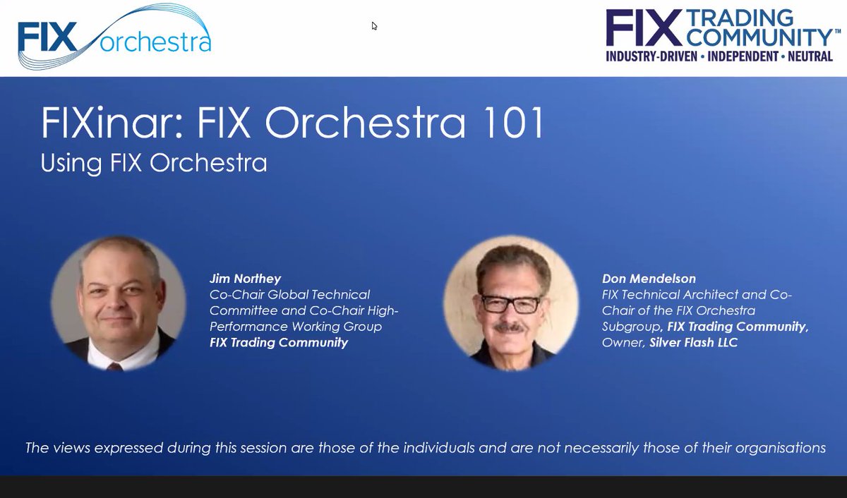 TradingGurus's tweet photo. Just about to start the @FIX_Protocol #FIXinar on #FIXOrchestra with @jimnup and Don Mendelson https://t.co/ZY13nHidoA