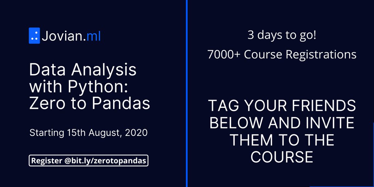JovianHQ's tweet image. What can make learning a course more fun? 
Make your friends join it too

Tag your friends below and invite them to join you for Data Analysis with Python Certification Course

3 days to go
7000+ Registrations 
Register now:bit.ly/zerotopandas

We look forward to hosting you!