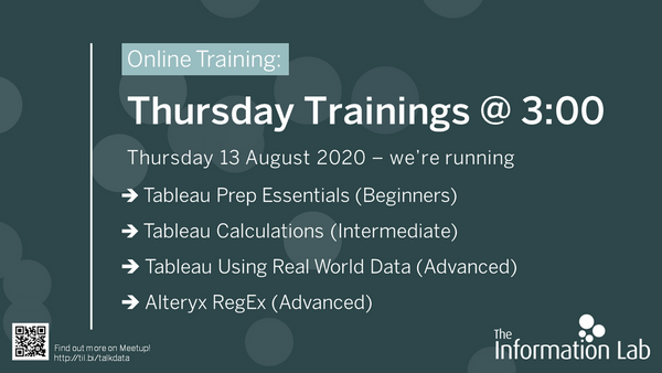 infolabUK's tweet photo. Which (free) THURSDAYS AT THREE session will you attend tomorrow?
🆕#Tableau Using Real World Data
🆕#Alteryx  RegEx
🆒#Tableau Calculations
🆒#Tableau Prep

✏️RSVP for a 3PM BST (10AM ET) start: https://t.co/2oQ5tfb71P https://t.co/hbOtIEWc7u
