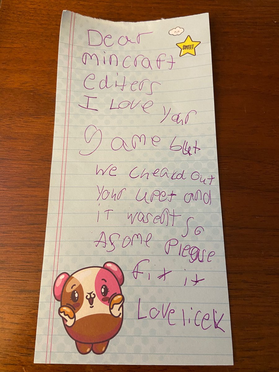 MichaelCurleone's tweet photo. @Microsoft @Minecraft @MojangSupport An open letter from my 7 year old daughter summarized: Love your game but your update wasn’t so awesome. Please fix it. Love “Lilac” https://t.co/zLfyBHV89b