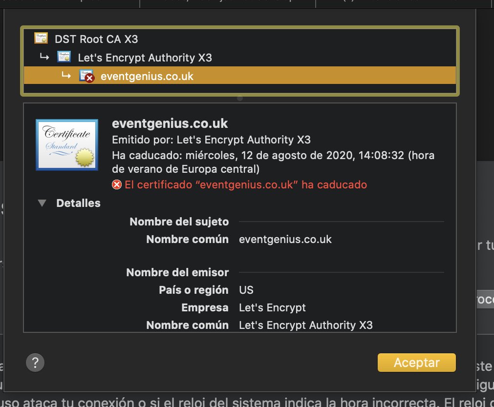 igonzalezgut's tweet photo. @EventGeniusLtd Seems your SSL certificate expired 10 minutes ago https://t.co/oVskEE0bM3