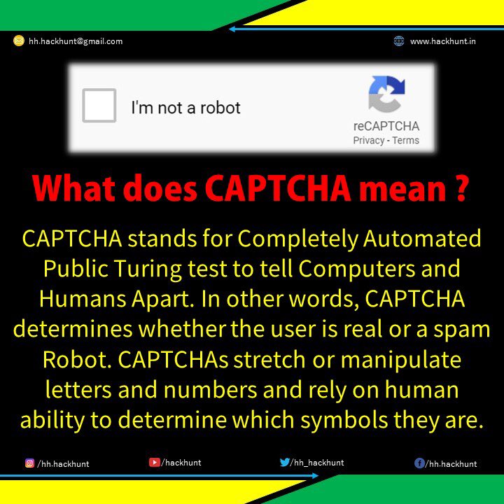 hackhunt_in's tweet photo. Humans have built programs to fill forms and send a request using BOT which can also lead to DOS Attack, to overcome and ensure that it is not a robot. #hack #hackhunt #cybersecurity #cybersafety #protection #captcha #captchv2 #dosattack #ddosattack #bot #ProveNotRobot https://t.co/a1xz4ChCxD