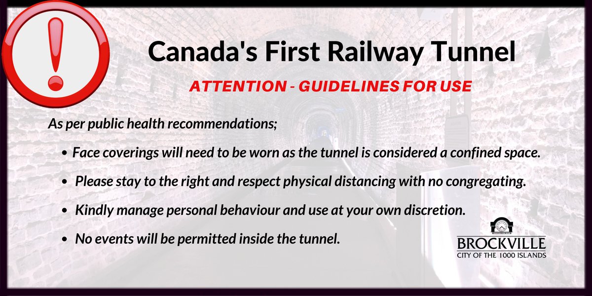 The  Brockville Railway Tunnel will re-open as of Friday August 14, 2020. Daily hours will be 9am - 9pm. 
Please follow the public health guidelines and be courteous to others enjoying this historic landmark.
<a href="/FirstRailTunnel/">Brockville Railway Tunnel</a> #XBR #Tunnel