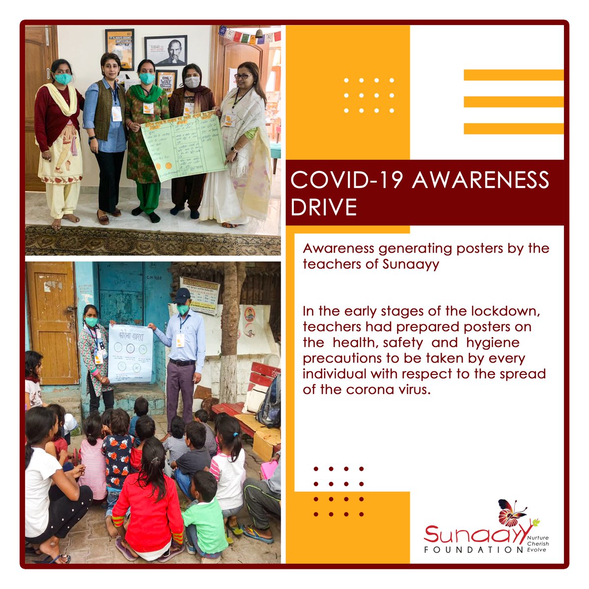 NishVishwa's tweet photo. COVID-19 awareness drive by the teachers of Sunaayy, by making posters about cleanliness and hygiene, use of sanitizers, and educating the children of different localities about the same. The role of the teachers during this pandemic is immense. #covid #children #support #love https://t.co/8V0JZPzEjN