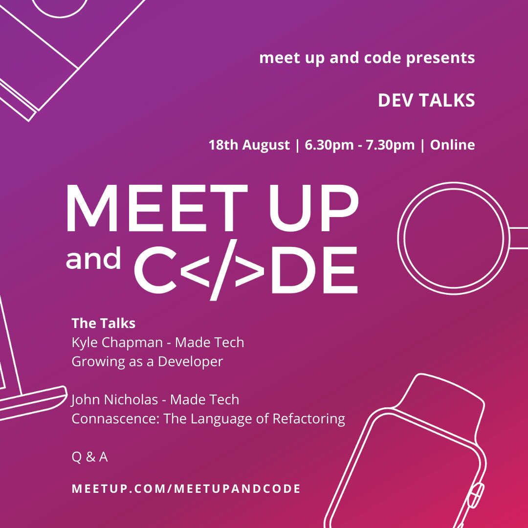 meetupandcode's tweet image. Meet Up and Code are back, this time with some Dev Talks! 
Join us on 18th August at 6.30pm BST for a chance to hear from Kyle Chapman (@kjdchapman) and John Nicholas (@dinoroar2) both Senior Engineers at @madetech.
Sign up bit.ly/MUAC_DT
See you there!
#coding #devs