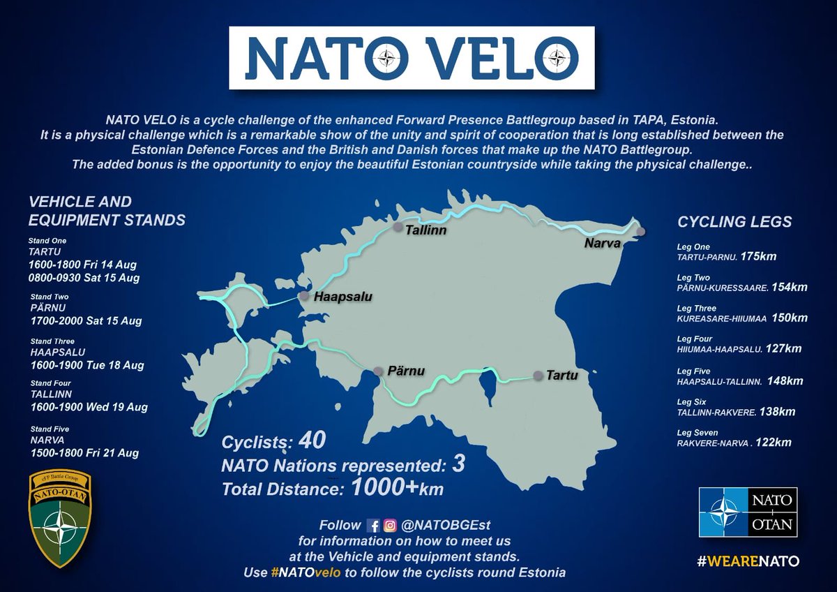CommanderCabrit's tweet photo. Only a couple of days left until #NATOvelo starts in Tartu on Saturday morning. Are any other Estonian cyclists up for the challenge? @Laaasu @AloJakin @rattajass @mihkelraim @LiisiRist @visitestonia We are expecting a couple of guests to join us. But who? #WeAreNATO https://t.co/YClLPnYS8a