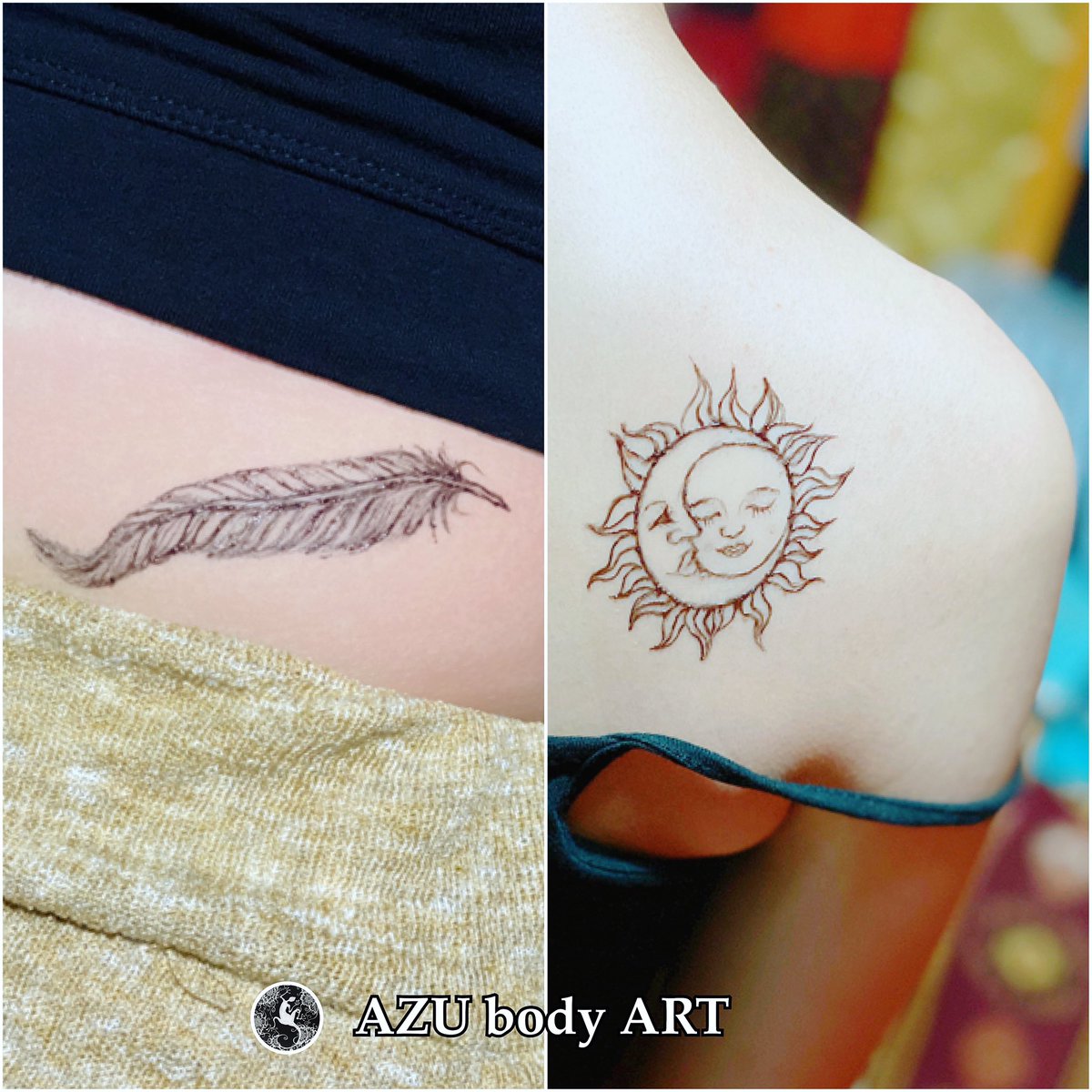 Azu Body Art ジャグアタトゥー大阪 ヘナタトゥー大阪 デコルテにアラビア語 脇腹にフェザー 肩に可愛い顔の月 太陽 Azu Body Art ジャグアタトゥー大阪 ヘナタトゥー大阪 デコルテにアラビア語 脇腹にフェザー 肩に可愛い顔の月 太陽