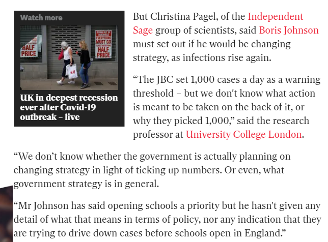 chrischirp's tweet photo. Quoted in @Independent today about rising numbers. Cases aren't (yet) going up very quickly - but they are up (over the Joint Biosecurity Council limit) - we need to get that down *in time for schools opening*. Anyone know what govt strategy is to do that? https://t.co/BYZu2aW2qV https://t.co/ve0luNLQ9g