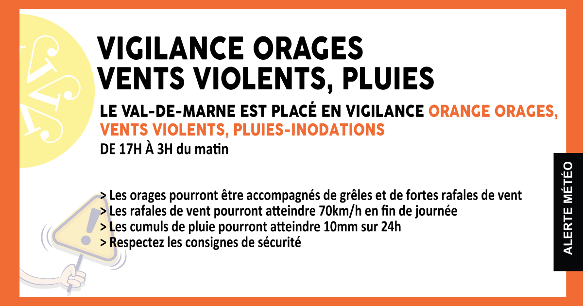 Villeneuve94190's tweet photo. ⚠️ Le Val-de-Marne est placé en vigilance orange orages, vents violents, pluies-inondations, à partir d'aujourd'hui 17h et jusqu'à 3h du matin.
Respectez les consignes de sécurité ⤵️ #meteo94 https://t.co/XKLlfVyQtn