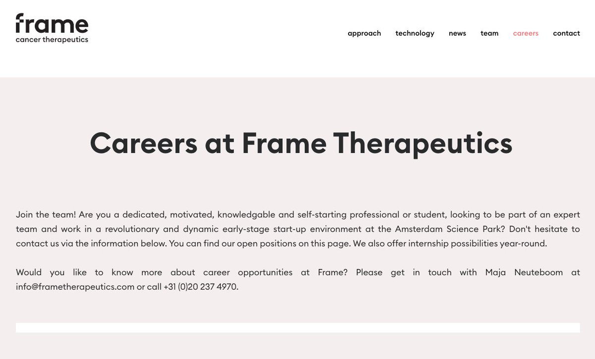 CureVacNL's tweet photo. Join our team! In addition to the open position for a Scientist Immunology, Frame Therapeutics is also looking to hire a Medical Officer and a Clinical Trial Manager. Please visit our website to check out the positions and to get in touch: https://t.co/tsquznSmia https://t.co/SlDCyRYxtC