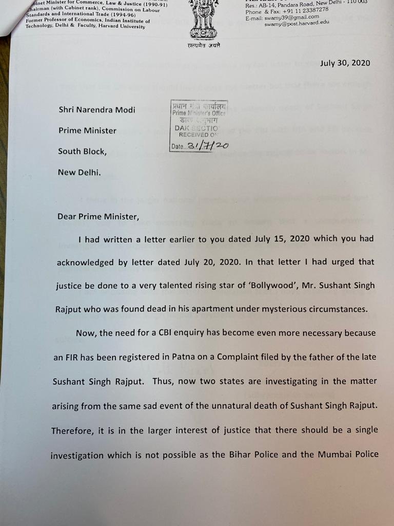 Dear_Vishu's tweet photo. @republic #Justice4SSR &amp; #Justice4Disha. 
On July 30 Dr. Subramanian Swamy @Swamy39 had written to PM @narendramodi for SIT of ED, CBI, NIA etc to investigate the multi dimension #SushantMurder Case.
Today the PM acknowledged the letter. 
India &amp; World-Wide strongly stand with #SSR. 🙏🤝😞 https://t.co/6Op5O9N6Gq