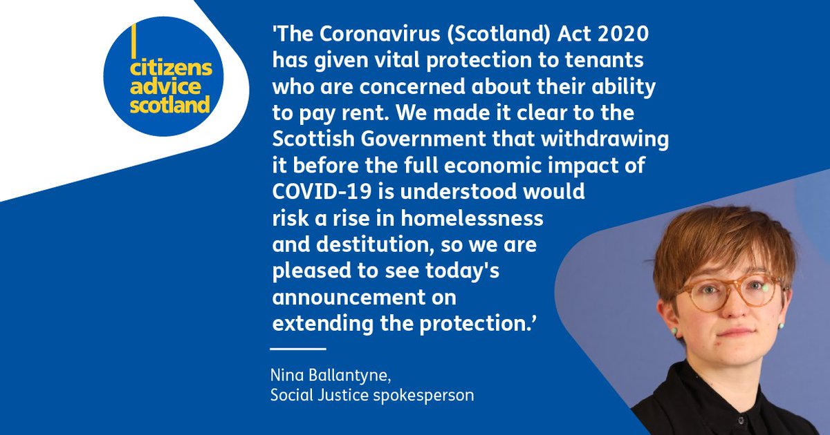 We've welcomed today's announcement by <a href="/NicolaSturgeon/">Nicola Sturgeon</a> that <a href="/scotgov/">Scottish Government</a> intends to extend emergency housing powers to help prevent eviction as a result of rent arrears occurring due to COVID-19.

We hope MSPs will support the extension when it is brought to <a href="/ScotParl/">Scottish Parliament</a>.

#FMQs
